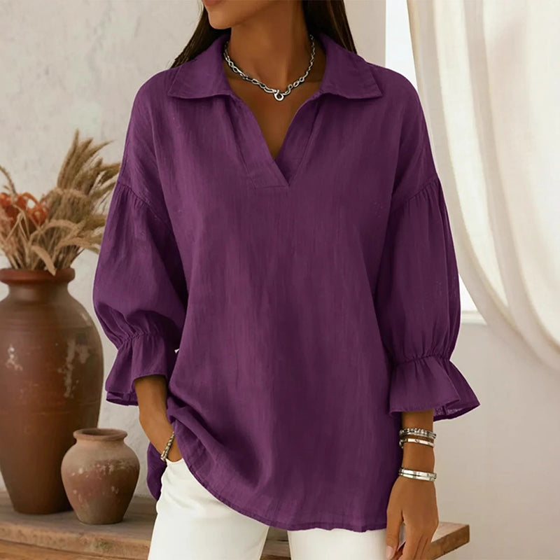 Women's Solid Color Collared Long Sleeve Loose Blouse