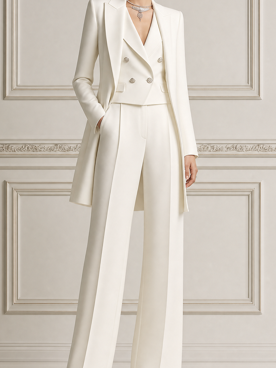 White Tailored Coat Blazer & Wide Leg Pants Three-Piece Set