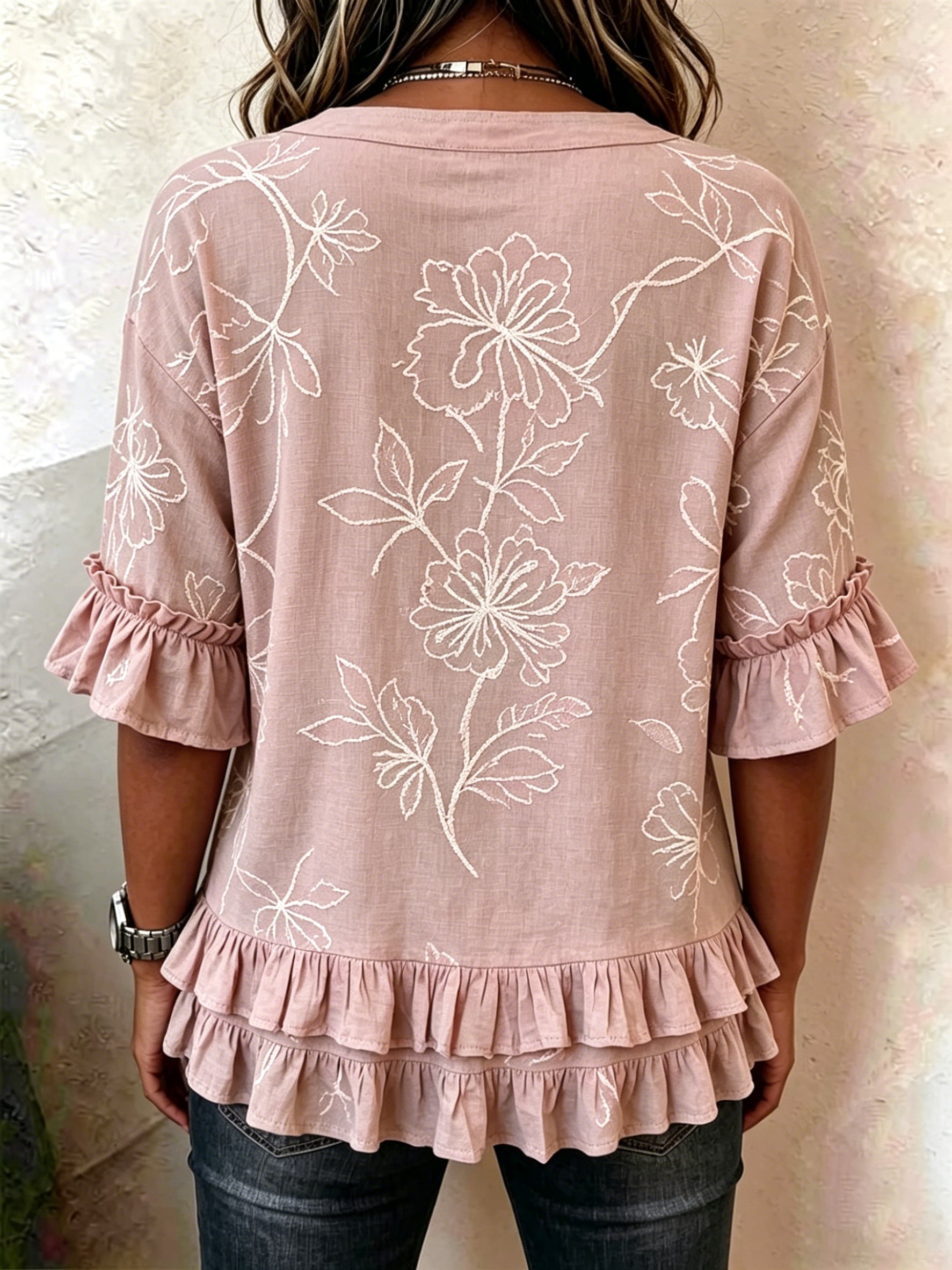 Retro Floral Embroidered Ruffled V-neck Blouse