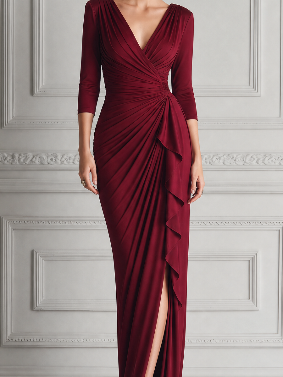Burgundy Red Dress Fall Wedding Guest Dress Draped Slit Maxi Dress