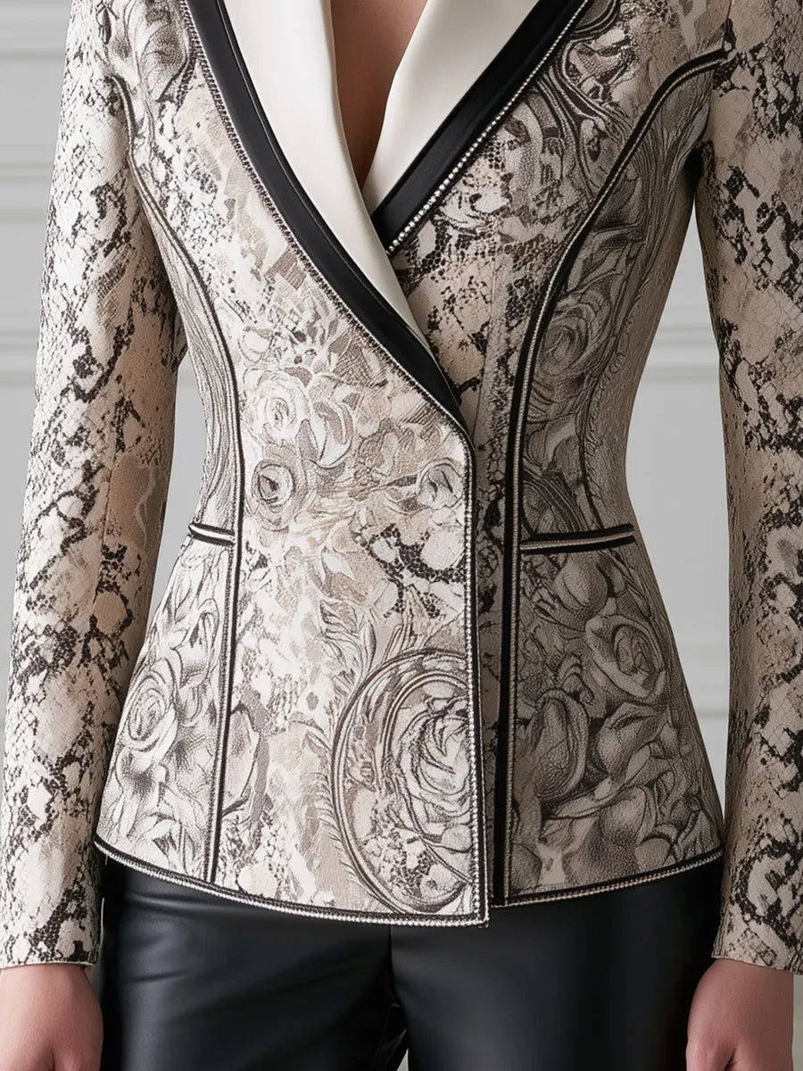 Ornate Snake Print Contrast-Lapel Tailored Blazer