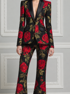 Black Red Rose Tailored Blazer & Flare Pants Set