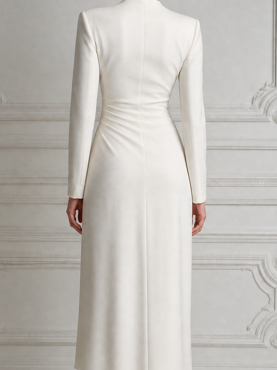 White Dress Wrap V Neck Ruched Button Slit Midi Dress