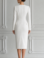 White V Neck Button Front Pencil Blazer Midi Dress