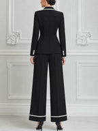 Black Contrast Trim Blazer & Wide Leg Pants Set