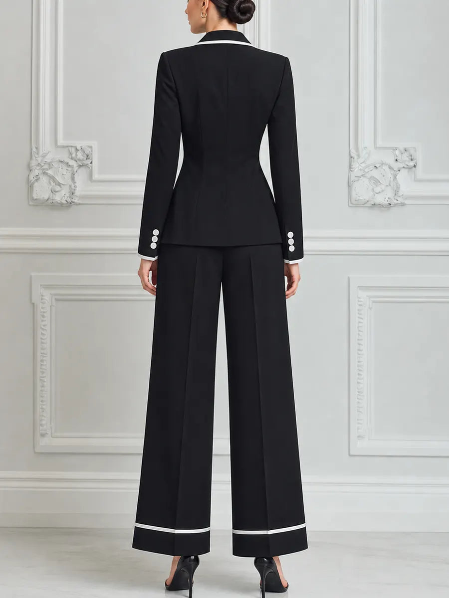 Black Contrast Trim Blazer & Wide Leg Pants Set