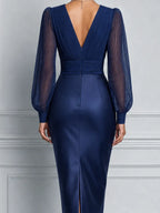 Navy Dress Fall Wedding Guest Dress Pleated Chiffon Sleeve Satin Pencil Midi Dress