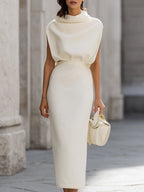 Draped High-Neck Fitted Top & Midi Skirt Two-Piece Set