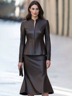 Chocolate Brown Leather Jacket With Mermaid Midi Skirt Set