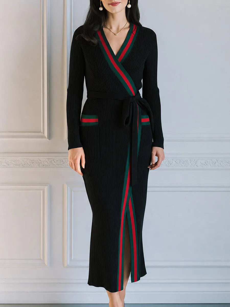 Wrap Front Striped Trim Ribbed Knit Long Sleeve Maxi Sweater Dress With Belt