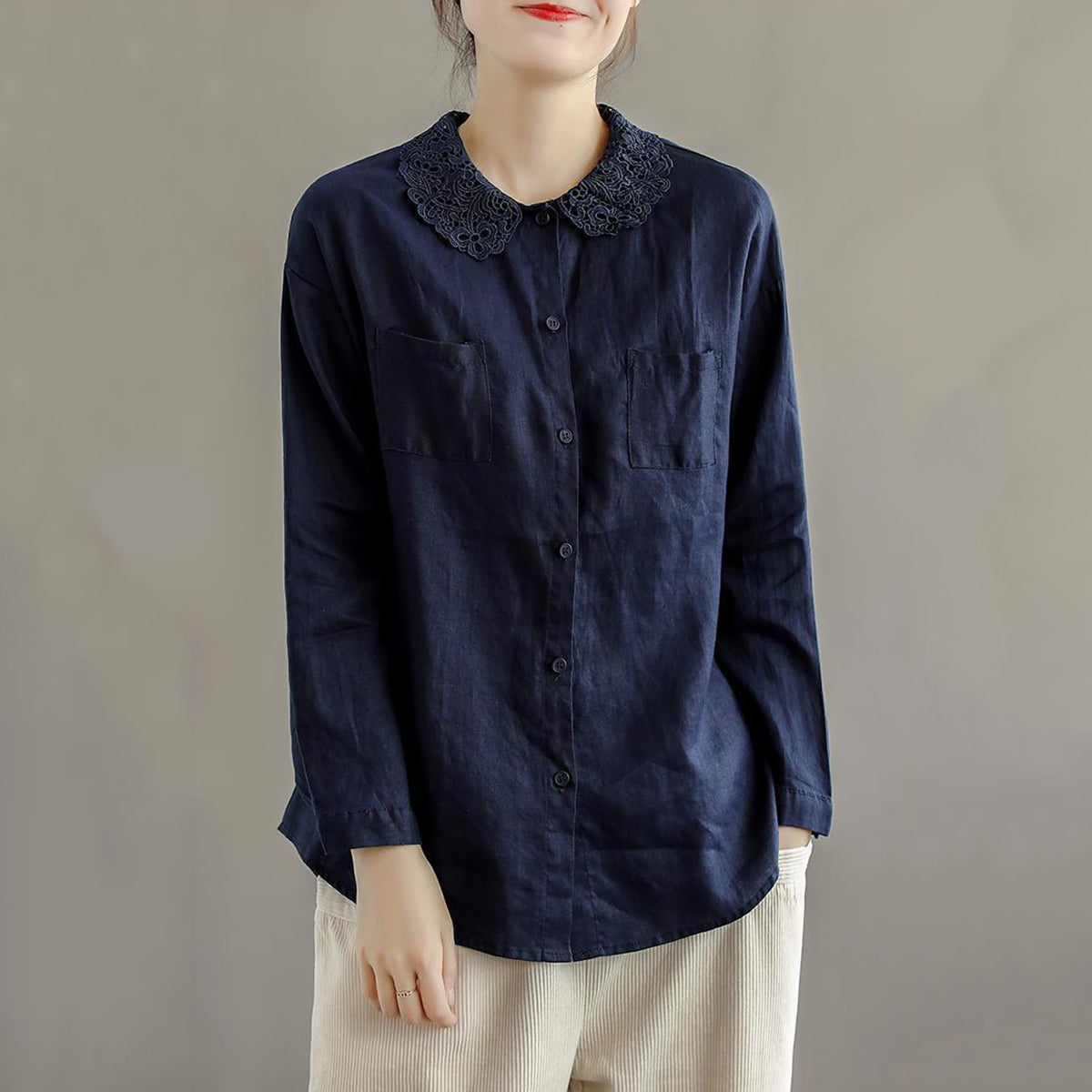 Vintage Women's Cotton Linen Lace Casual Shirt
