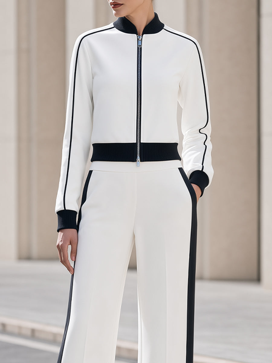 White Black Stripe Zip Up Track Co-Ord Set