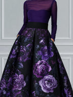 Deep Purple Sheer High Neck Bodice & Black Purple Floral Print A-Line Midi Dress