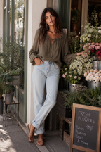 Chic Textured Cotton Split-Neck Lantern-Sleeve Olive Green Blouse