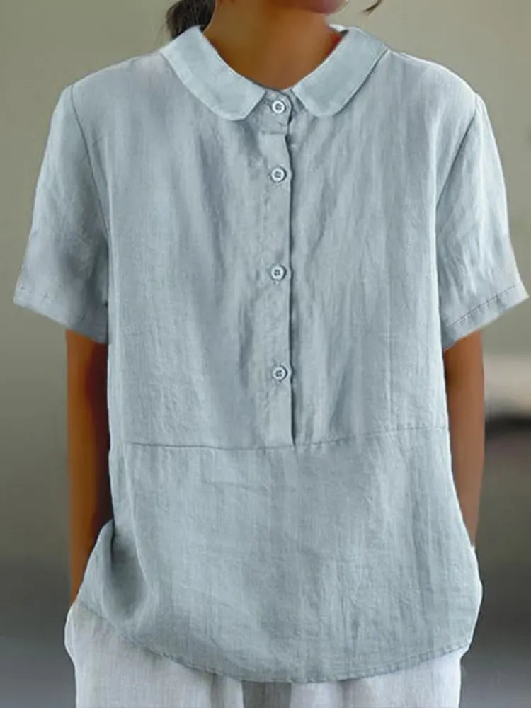 Solid Color Cotton And Linen Lapel Short Sleeved Casual Blouse