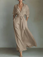 Waist-cinching Shirt-style Maxi Linen And Cotton Dress