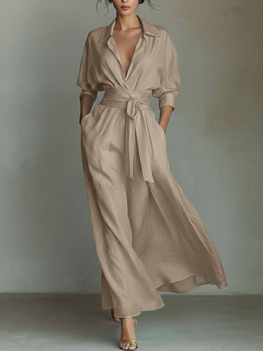 Waist-cinching Shirt-style Maxi Linen And Cotton Dress
