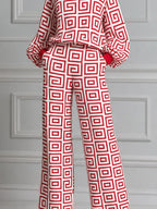 Red Geometric Print Pullover & Wide Leg Pants Set