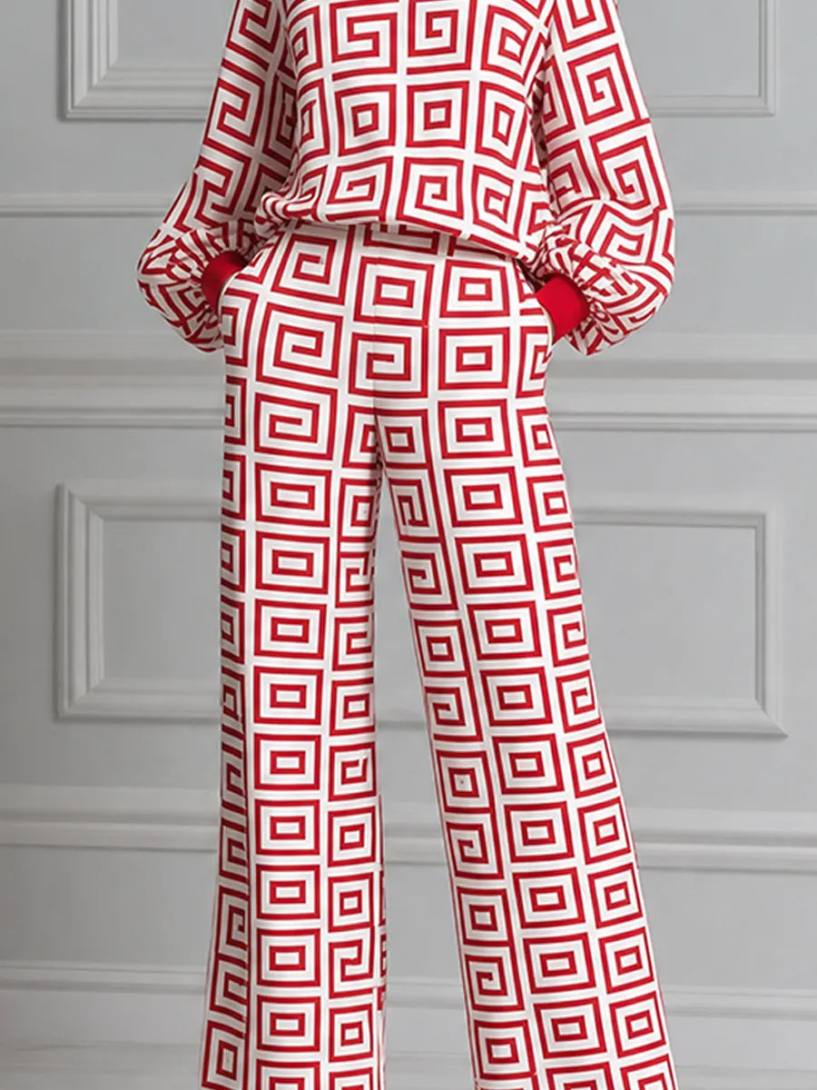 Red Geometric Print Pullover & Wide Leg Pants Set
