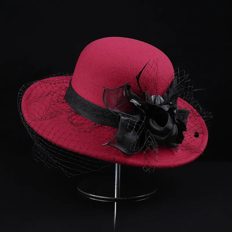 French Retro Mesh Floral Woolen Hatm