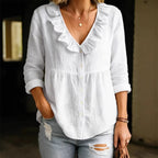 Casual Linen Ruffle Collar Shirt