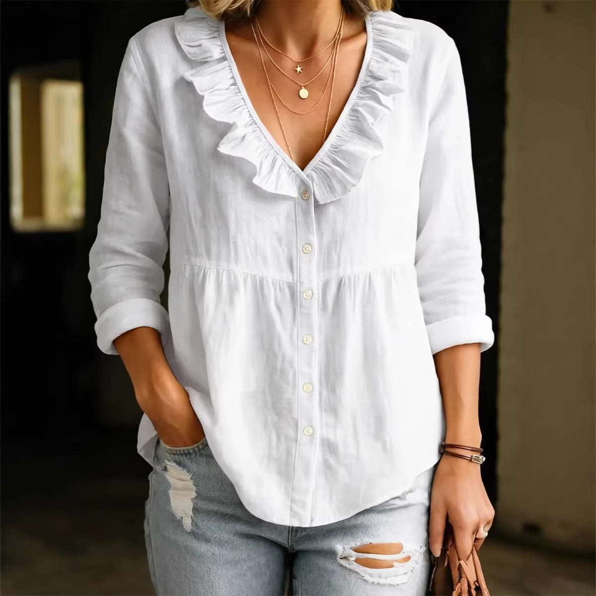 Casual Linen Ruffle Collar Shirt