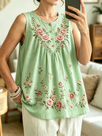 Women's Ethnic Floral Art Print Casual Sleeveless Pleated Linen Shirt