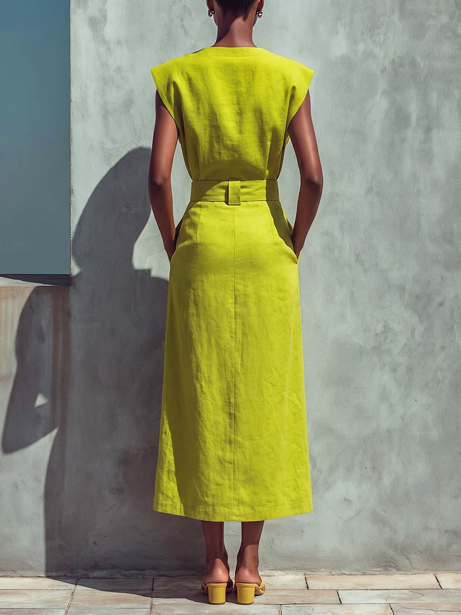 Women's Solid-color Stand-collar Sleeveless Loose-fit Cotton-linen Top & High-waisted Skirt Set