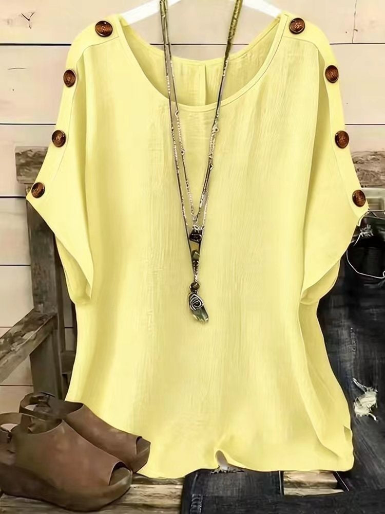 Women's Solid Color Round Neck Loose Button Design T-shirt