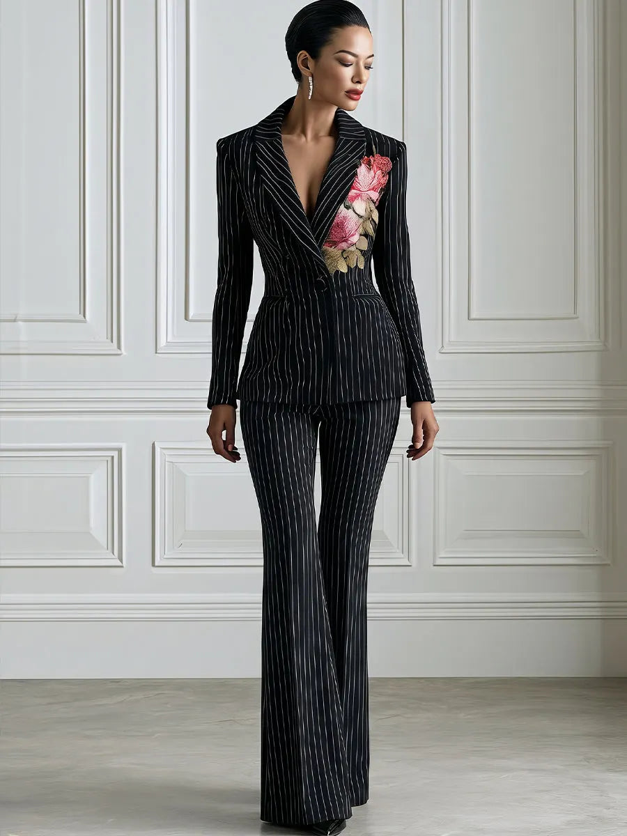Floral Print Pinstripe Blazer And Flared Trouser Suit