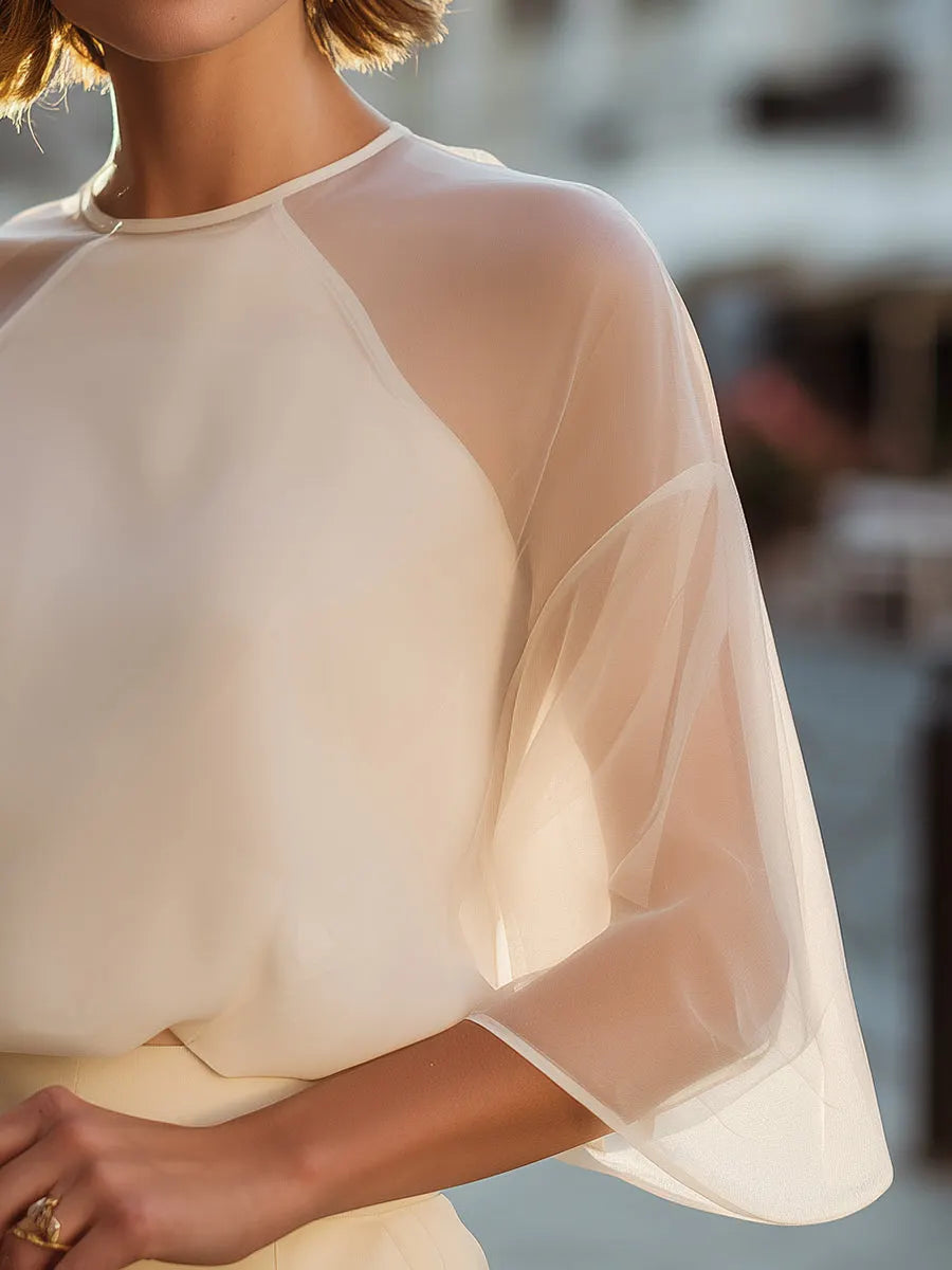 Sheer Panel Round Neck Loose Fit Blouse