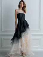 Black-to-Ivory Ombré Illusion Tiered Ruffle Maxi Gown