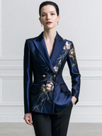 Floral Print Satin Peak-Lapel Double-Breasted Blazer