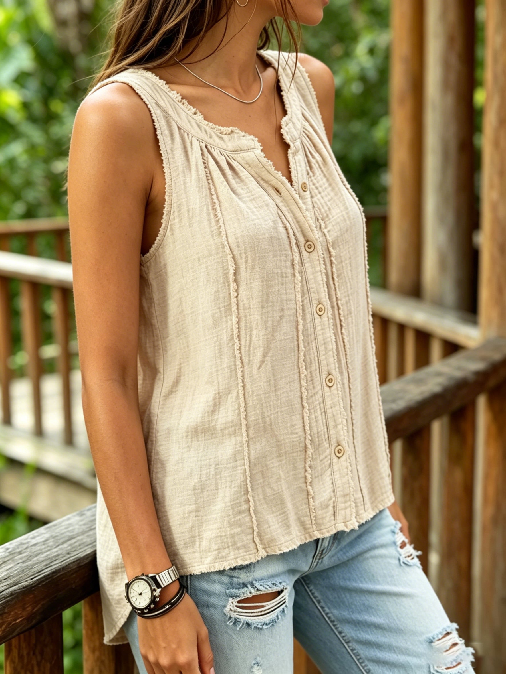 Women's Casual Sleeveless Patchwork Cotton And Linen Cardigan Shirt