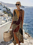 Stylish Sleeveless Leopard-Print Patchwork Resort Dress