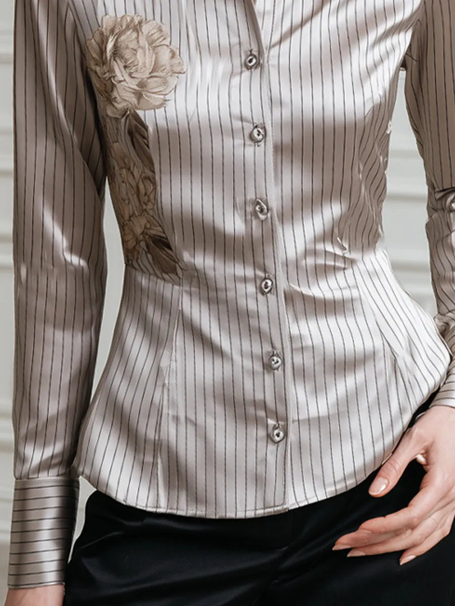 Floral Print Pinstripe Satin Fitted Shirt