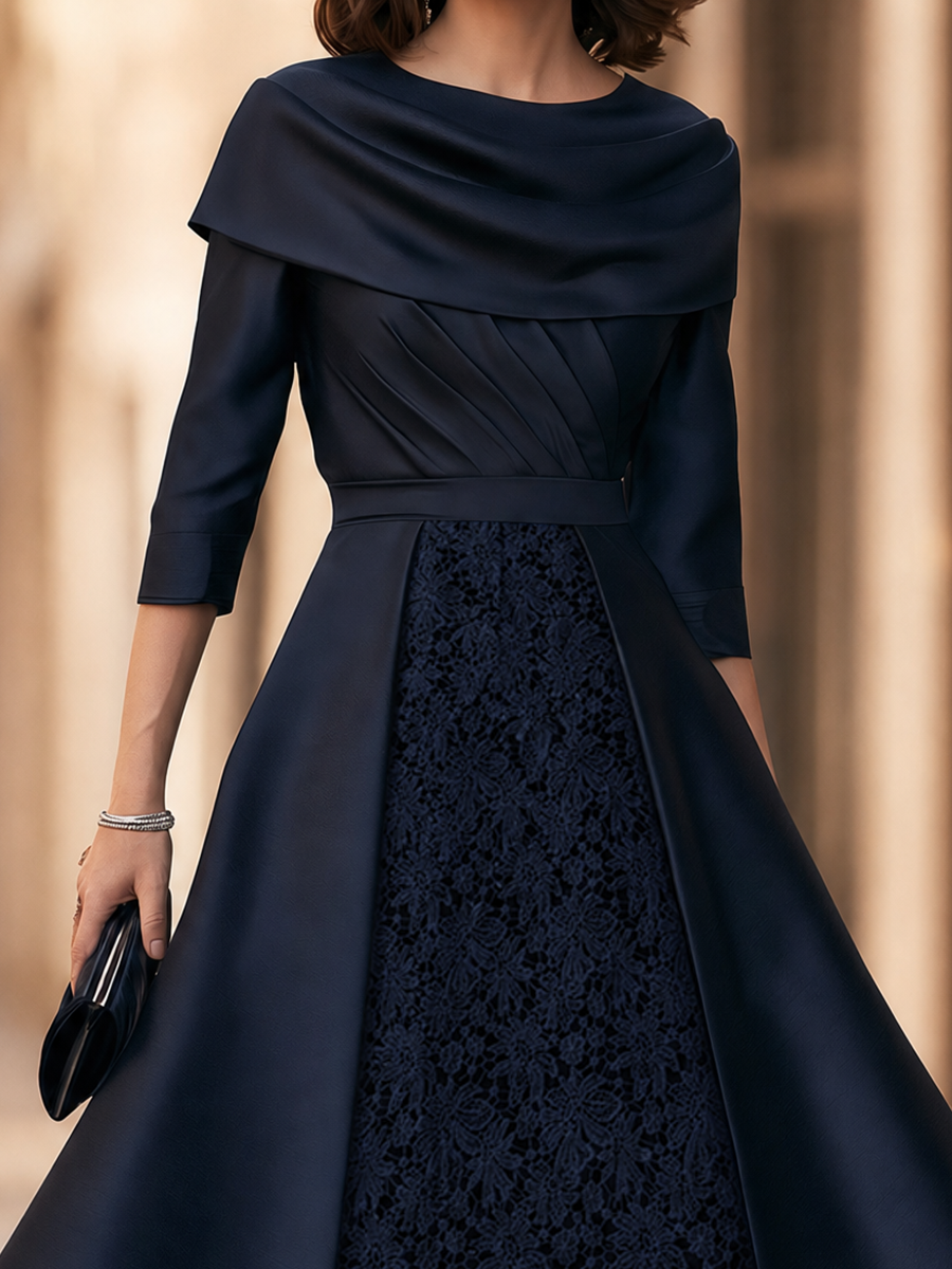 Draped Shawl-Collar Lace-Panel Midi Dress