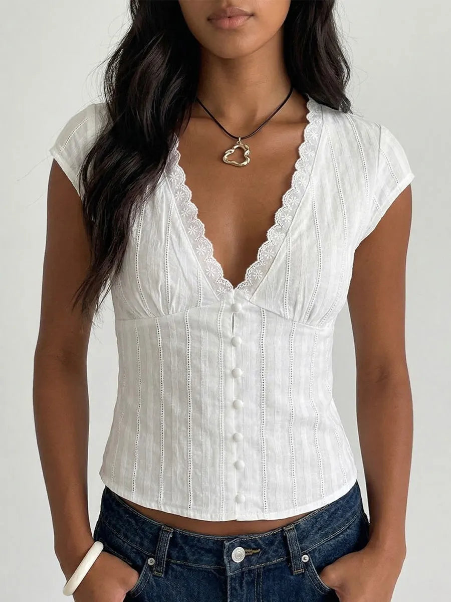 Women's V-neck Lace-trimmed Top