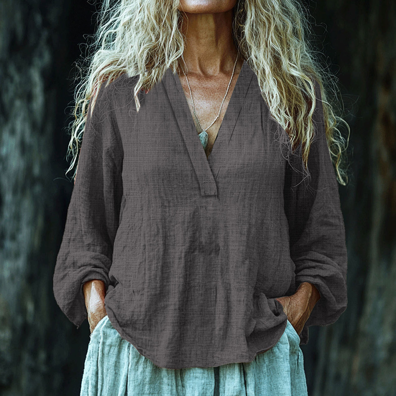 Vintage Elegant Art Linen V Neck Shirt