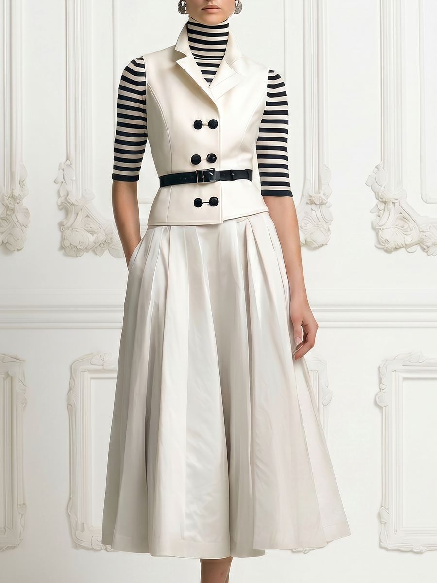Ivory Peak Lapel Double Breasted Sleeveless Vest & A-Line Midi Skirt Three-Piece Suit Set