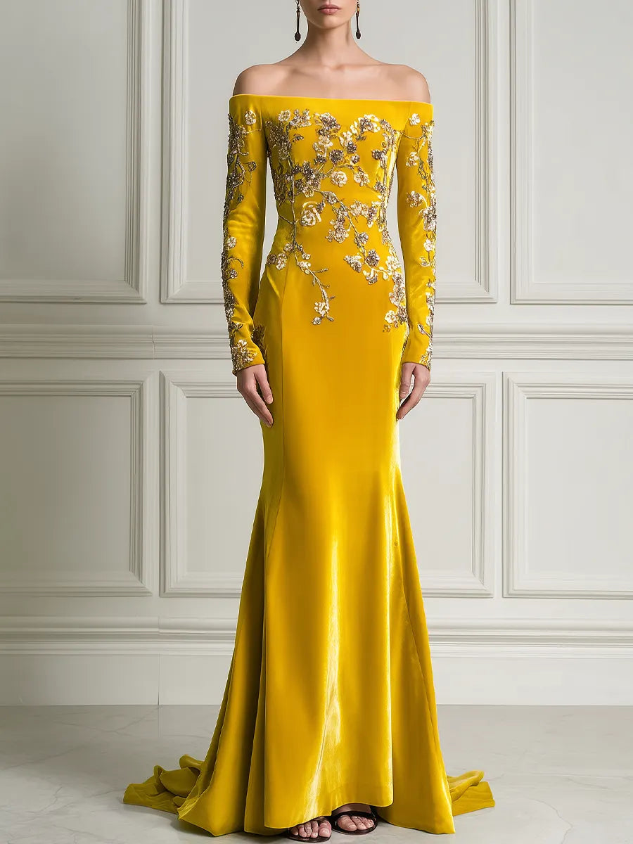 Golden Yellow Off Shoulder Embroidered Mermaid Satin Maxi Dress