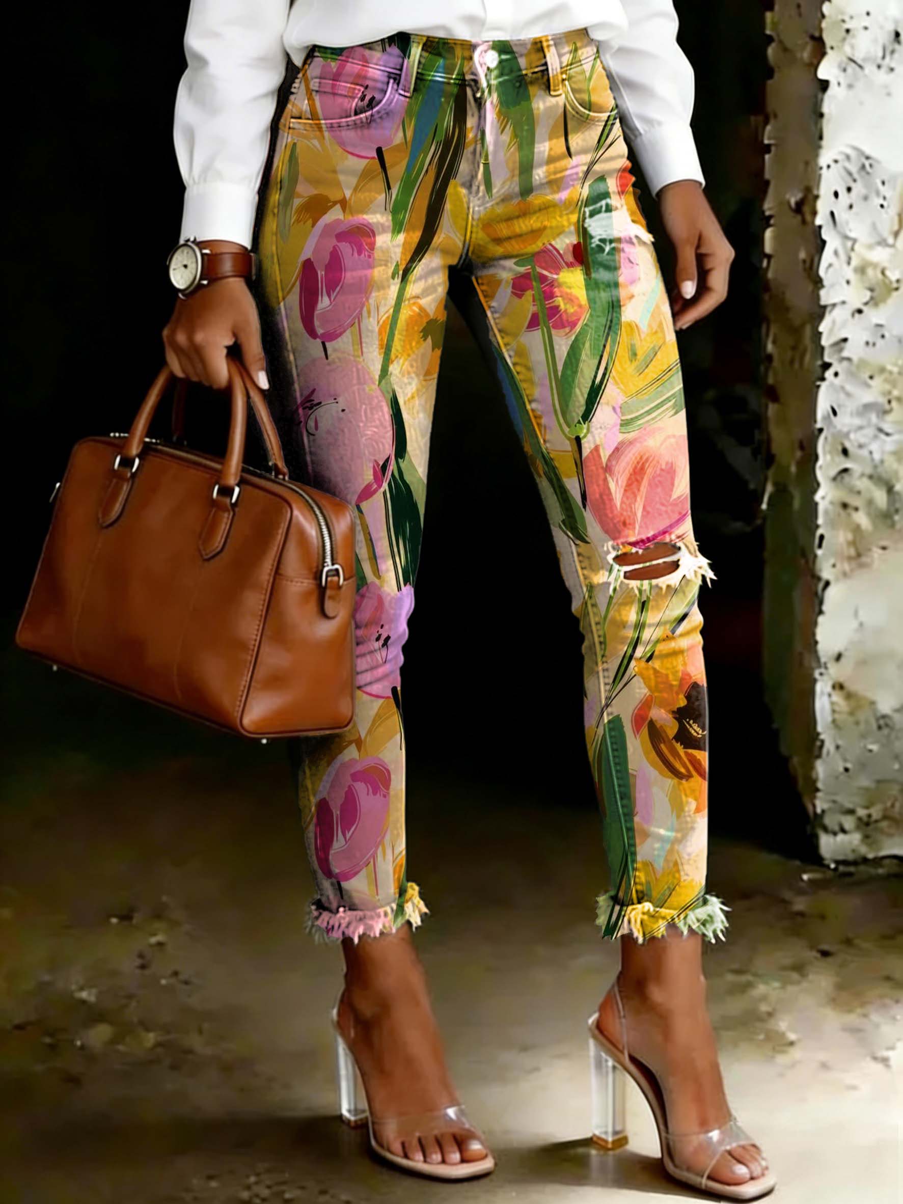 Women's Spring Floral Art Ripped Skinny Jeans