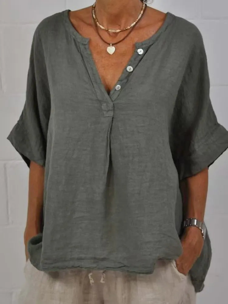 Women's Solid Color Button Linen V-neck Shirt
