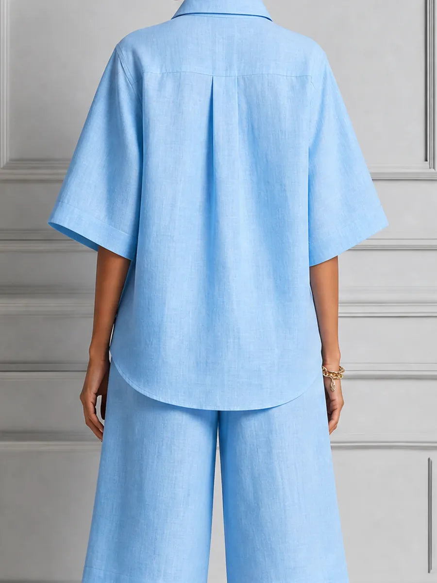 Sky Blue Linen Shirt & Bermuda Shorts Two-Piece Set