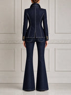 Navy Denim Preppy Fall Fashion Blazer & Flare Pants Set