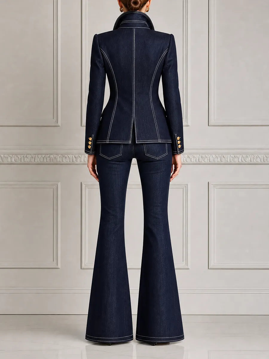 Navy Denim Preppy Fall Fashion Blazer & Flare Pants Set