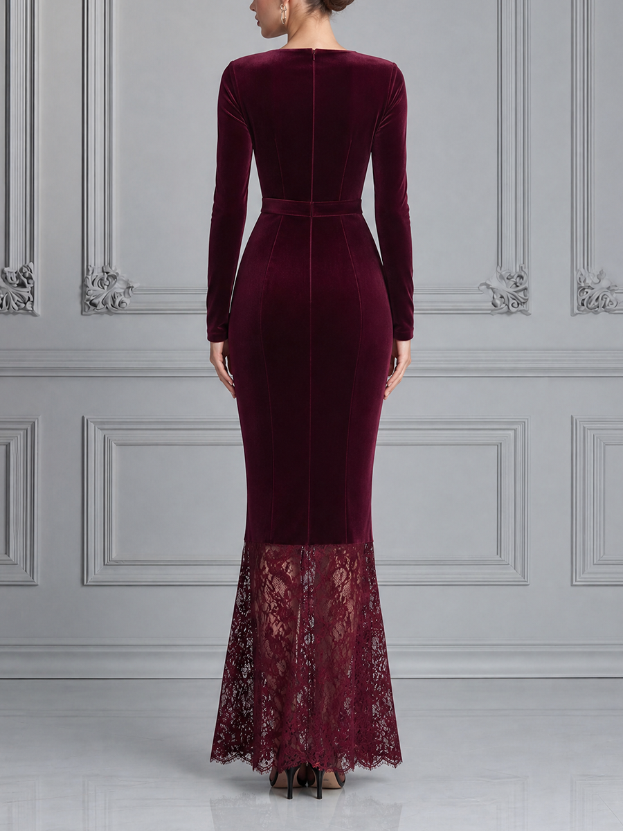 Red Dress Lace Hem Fall Wedding Guest Dress Velvet Mermaid Maxi Dress