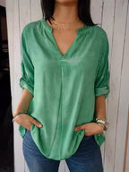 V Neck Linen Blend Loose Fit Casual Shirt