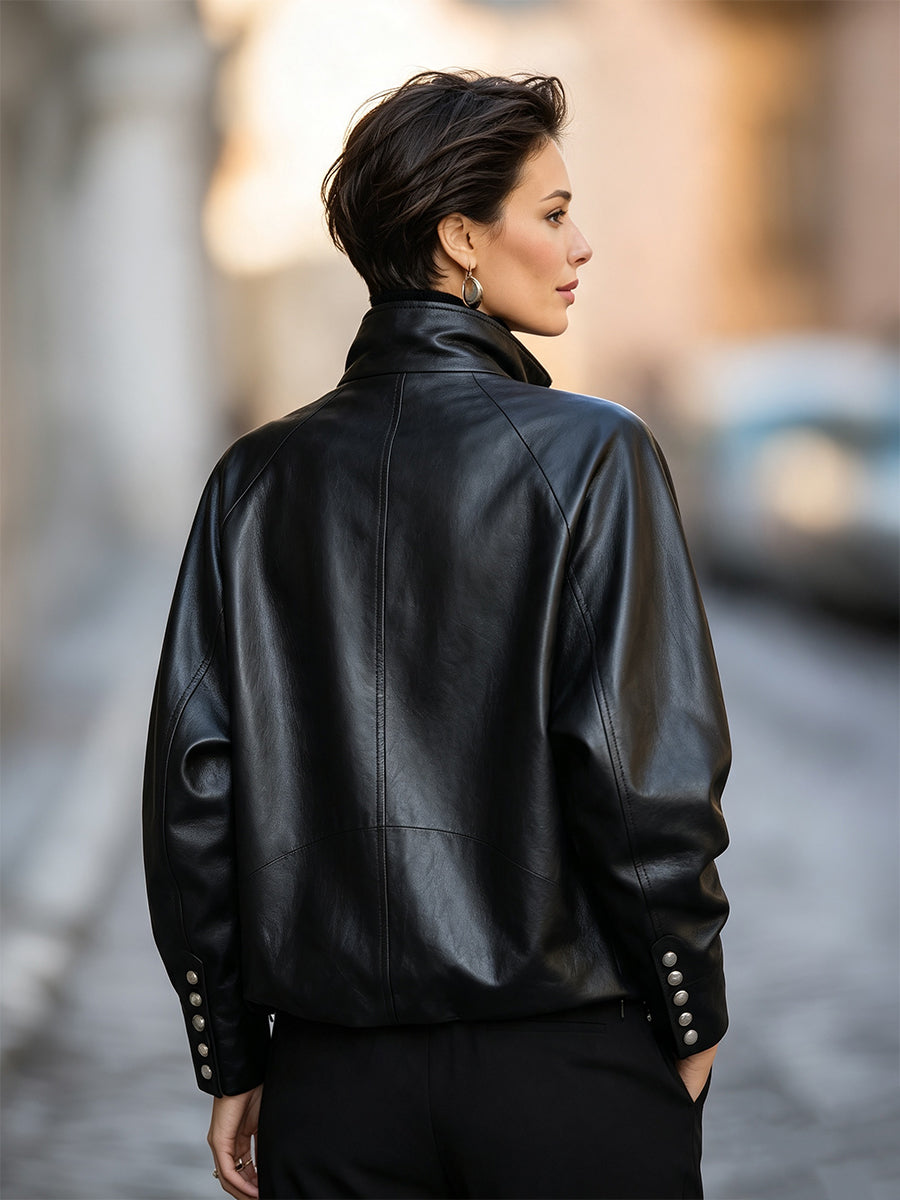 High-Neck Zip-Front Faux Leather Button Cuffs Jacket
