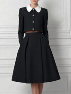 Black Contrast White Peter Pan Collar Cropped Jacket & High Waist A-Line Midi Skirt Two-Piece Set
